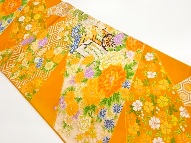 御所車に花々模様織出し袋帯